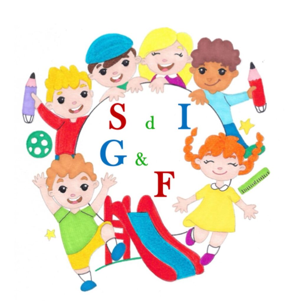 Disegno colorato di bambini che giocano, con il testo "S di G & F" in evidenza, rappresentando la Scuola dell’Infanzia Parrocchiale di Carlazzo.